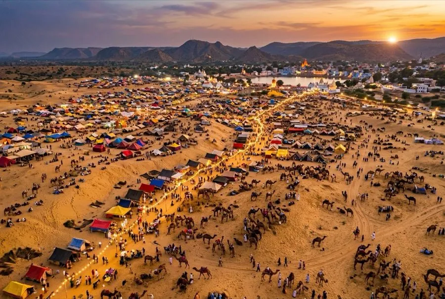 Pushkar Camel Fair aerial dusk view