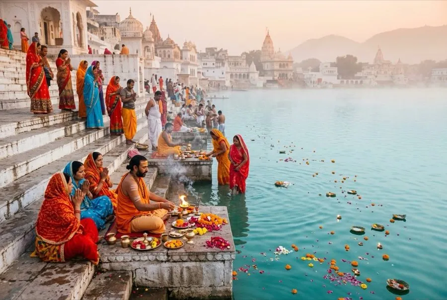 Devotees performing puja rituals at Pushkar Lake ghats