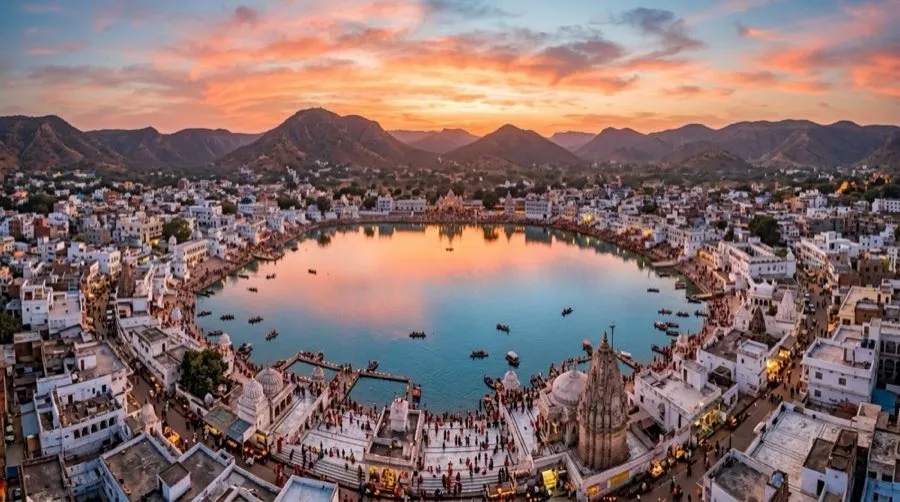 Aerial panoramic view of Pushkar holy lake at sunset