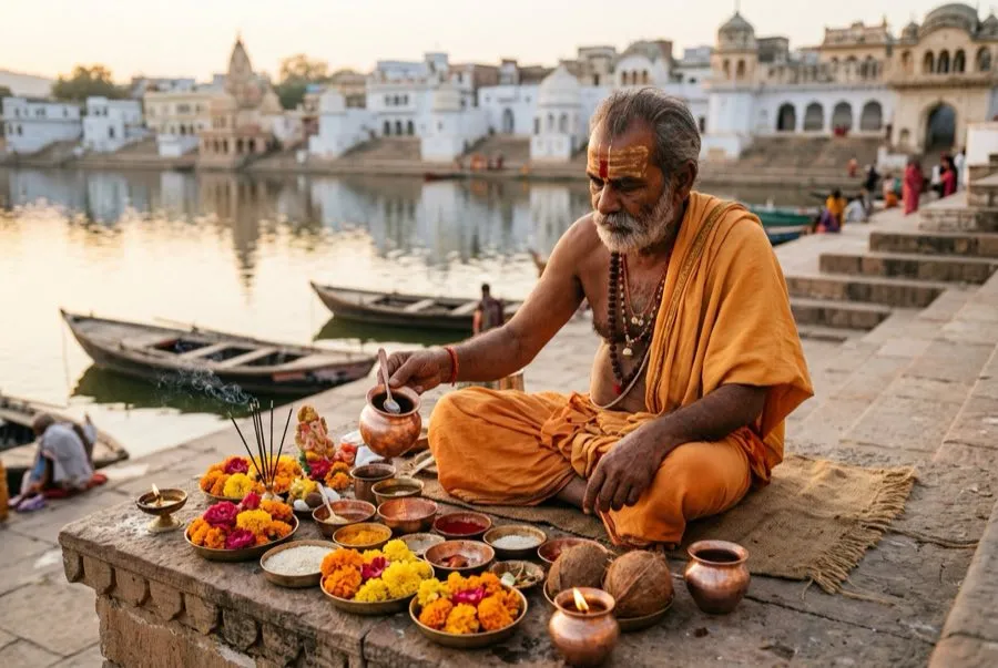 Priest performing Pind Daan and puja rituals at Pushkar Ghats